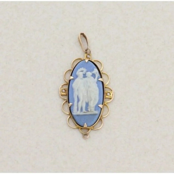 Pendant Only 10k Yellow Gold Blue Cameo Wedgewood Jasperware Seed Pearl Pendant - Picture 1 of 4